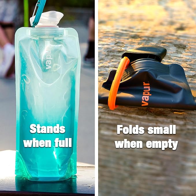 Vapur Collapsible Water Bottle With Carabiner, Compact Bottle Folds Flat For Hydration On The Go, Ideal for Traveling, Hiking or Camping, 23 Ounce, Fire, Pack of 1