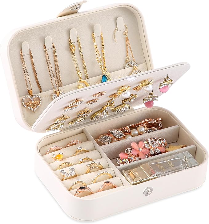 Travel Jewelry Box, PU leather Small Jewelry Organizer For Female Girls, double layer portable mini travel case for storing earrings, rings, necklaces.(Bright White 2pcs)