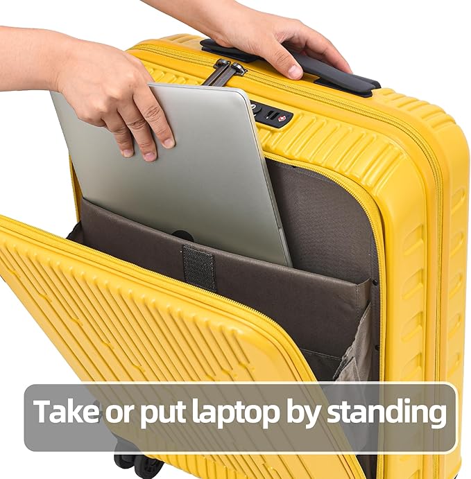 2 Pieces 19/29 Luggage Sets, 19 Inch Carry On Luggage with Front Pocket & 29 Inch Side Opening Suitcase, Ligthweight ABS+PC Hardshell, TSA Lock & YKK Zipper with HINOMOTO 360° Wheels, Yellow