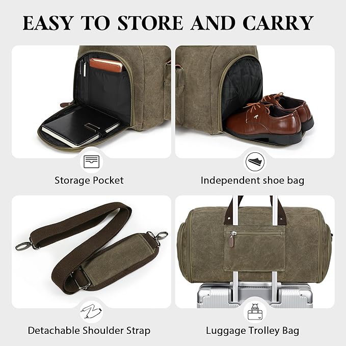 Waxed Canvas Garment Bags for Travel, Convertible Carry On Garment Duffel Bag for Men Women, 2 in 1 Suit Bag Hanging Suitcase Business Travel Bag with Shoe Compartment (Vintage Grey, L)