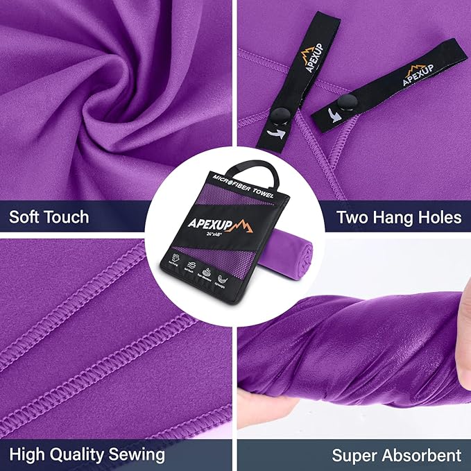APEXUP Microfiber Travel Towel, Ultra Absorbent Quick Dry Towels, Lightweight Gym Sports Camping Towel for Workout, Yoga, Beach, Shower, Swimming (24"×12", Purple)