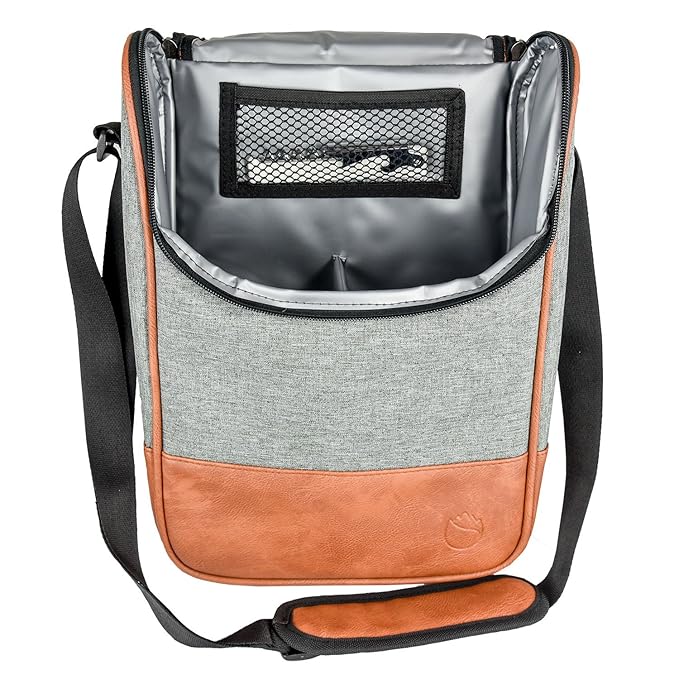 2 Bottle Wine Set Leather Insulated Bag As Gift - Luxury 2 Bottle Carrier Design For Picnic/Travel - Idea Gift For Women/Man (Reserve Place For Corkscrew Opener ＆ Cheese, Gray Brown)