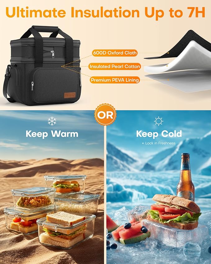 HOTOR Lunch Box for Men and Women - Leak-Proof Insulated Lunch Cooler Bag with Adjustable Strap, Multiple Pockets for Office, Picnic, Hiking, Beach, 2 Layer, 32L, Black, 14.6" x 10.7" x 13.0"