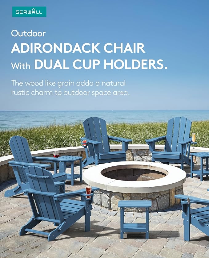 SERWALL Folding Adirondack Chair, HDPE Adirondack Chairs Set of 6, Plastic Outdoor Chairs- Looks Exactly Like Real Wood- Navy