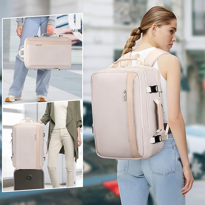 PIJUSHI Travel Backpack for Women Expandable Carry on Luggage Backpack Airline Approved Personal Item Laptop Bag(PE034 Classic Beige)