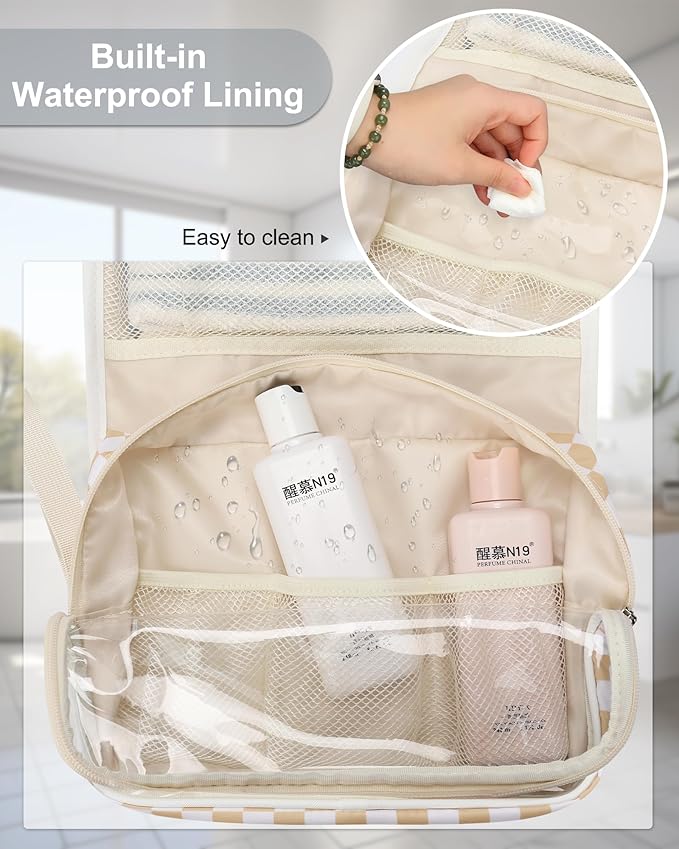 Relavel Hanging Toiletry Bag for Women, Hanging Makeup Organizer with Travel Size Toiletries, Portable Bathroom Travel Bag with Hook for Shaving Kit, Shampoo, Conditioner for Trip - Plaid