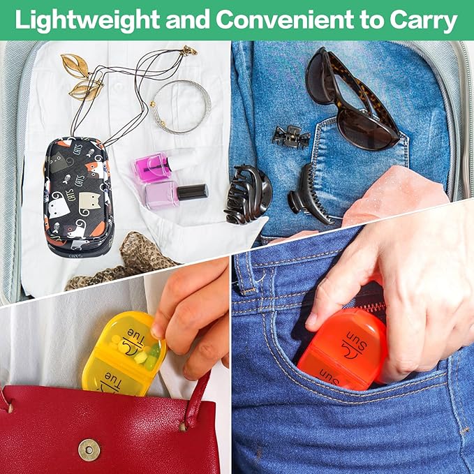 Serfeymi Weekly Travel Pill Organizer 2 Times A Day AM PM Upgraded Rainbow Pill Box 7 Day with Portable Zipper PU Leather Pill Case, Medicine Organizer for Pills, Vitamins, Fish Oils - Black 02