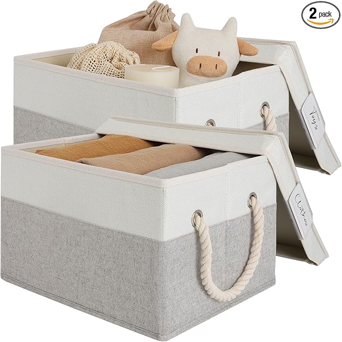 LoforHoney Home Fabric Storage Bins with Lids for Organizing, Foldable Closet Storage Boxes for Shelves, Clothes Baskets with Cotton Rope Handles, Large, Beige & Gray, 2-Pack