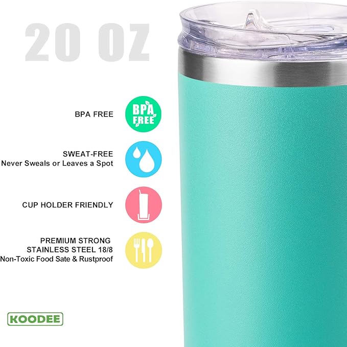 koodee 20 oz Stainless Steel Skinny Tumbler(4 Pack) Double Wall Insulated Water Tumbler Cup with Lids, Straws and Straw Brushe（Teal/2 Pack, Pink/2 Pack）