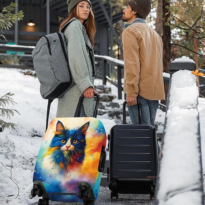 ANNA QUEEN Colorful Cat Luggage Cover, Artistic Blue Cat Design with Rainbow Colors, Stretchable, Washable Travel Sleeve for 20-22 Inch Suitcases