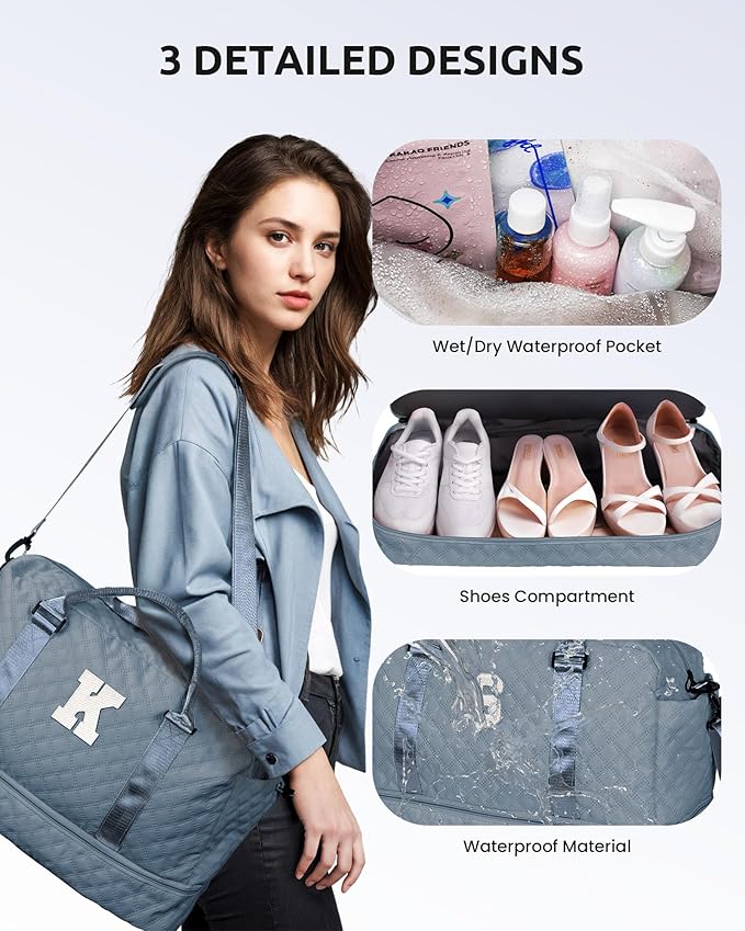 Duffle Overnight Bag for Women, Personalized Weekender with Detachable Shoulder Strap and Waterproof Monogram Pocket, Monograms Included, Perfect Travel/Letter Bag Gift for Friends and Family