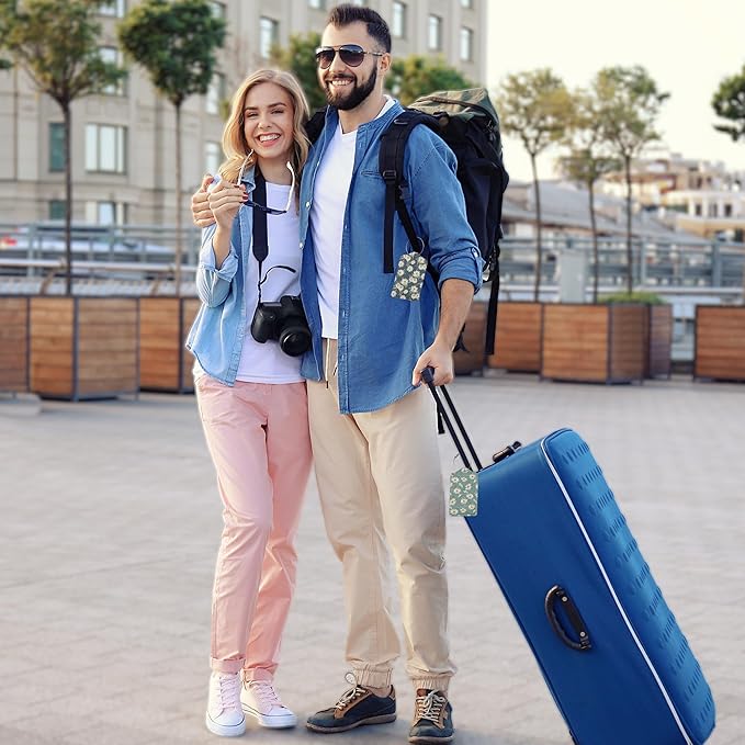2 Pack Leather Luggage Tag for Suitcase Retro Daisy Flower Unique Travel Tags with Privacy Cover ID Label & Stainless Steel Loop for Men and Women Baggage
