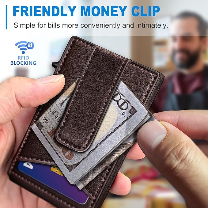 Airtag Wallet for Men,with Money Clip Gift Boxed,Slim Front Pocket Wallet RFID Blocking Metal Case Smart Pop-up Credit Card Holder in Magnetic Leather Flip