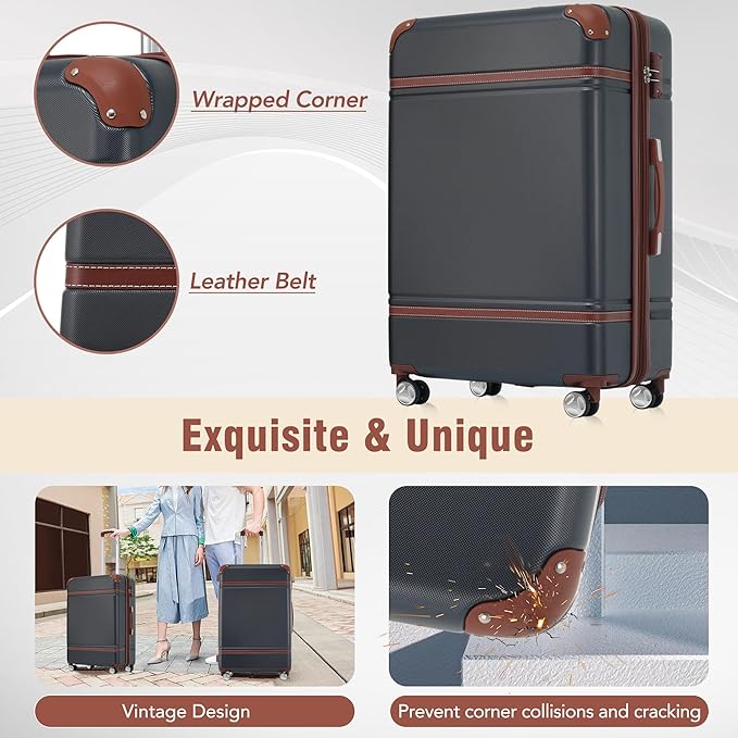 Merax Luggage Set 2 Piece Suitcase Set with Cosmetic Case Expandable Spinner Wheels Vintage Luggage Sets(Black,20"+28")