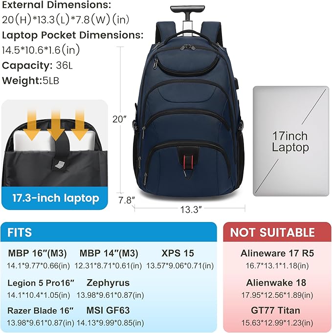 Boavan Rolling Backpack,17 inch Water Resistant Wheeled Backpack,Carry on Luggage Business Bag, Overnight College Computer bag Trolley Suitcase for Men Women Adults to Travel，Black