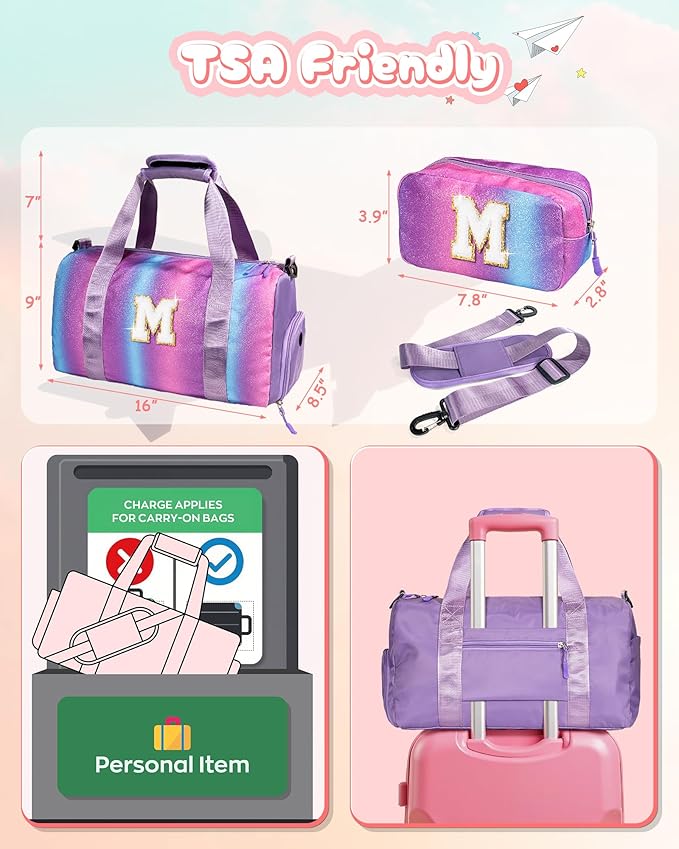 Tween Girls Gifts Trendy Stuff-Girl Gym Bag with Shoe Compartment, Kid Personalized Weekender Overnight Bags, Initial Travel Tote with Makeup Pouch, Preppy Things for Kids (Letter E)