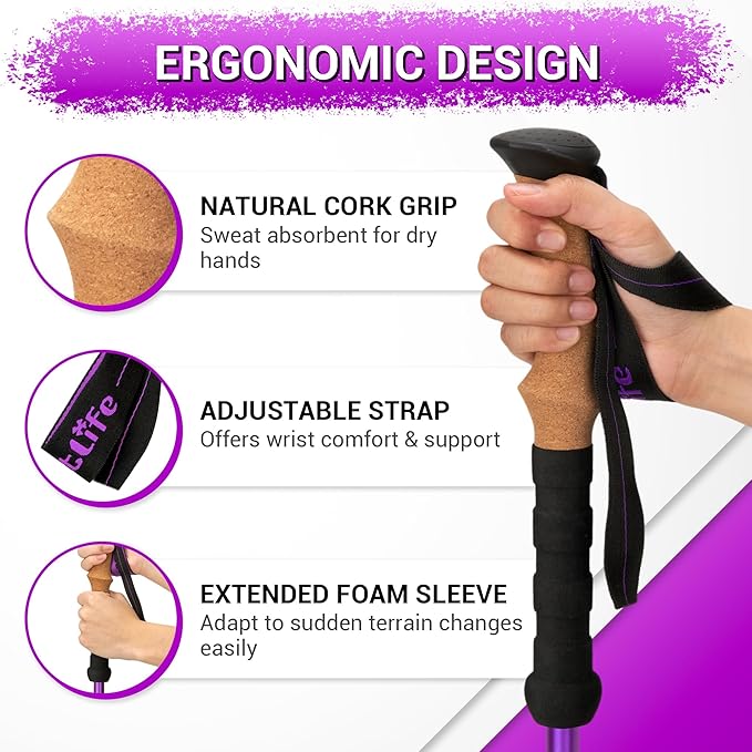 TheFitLife Trekking Poles - Lightweight 7075 Aluminum Hiking Sticks with Cork Grips, Adjustable Telescopic Design, Metal Flip Lock for Men & Women - Perfect for Hiking, Walking, Camping & Backpacking