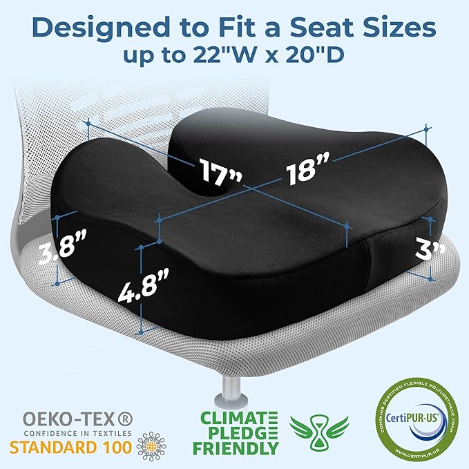 5 STARS UNITED Seat Cushion for Tailbone Pain Relief – Large Memory Foam Cushion for Coccyx, Hip, Sciatica & Post-Surgery Recovery – Wheelchair, Car, Desk, Gaming & Office Chairs, Black