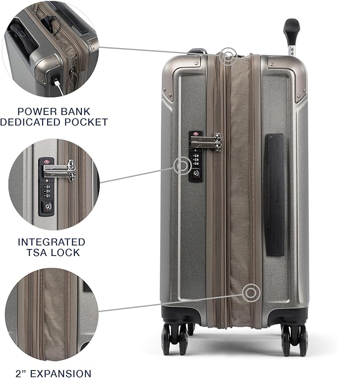 Travelpro Platinum Elite Hardside Expandable Carry on Luggage, 8 Wheel Spinner, TSA Lock, Hard Shell Polycarbonate Suitcase, Metallic Sand, Carry on 21-Inch