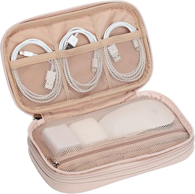 NISHEL Travel Cord Organizer Case, Double Layers Tech Electronic Bag, Essentials for Charger, Cable, Phone, Flash drive, Pink