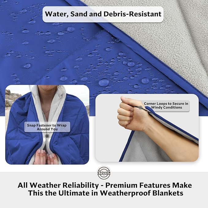 STOVER Outdoor Waterproof Fleece Travel Blanket for Camping, Picnics, Stadiums, Sports, The Beach– Warm, Windproof, Compact, Lightweight & Sand-Resistant (Navy Blue)