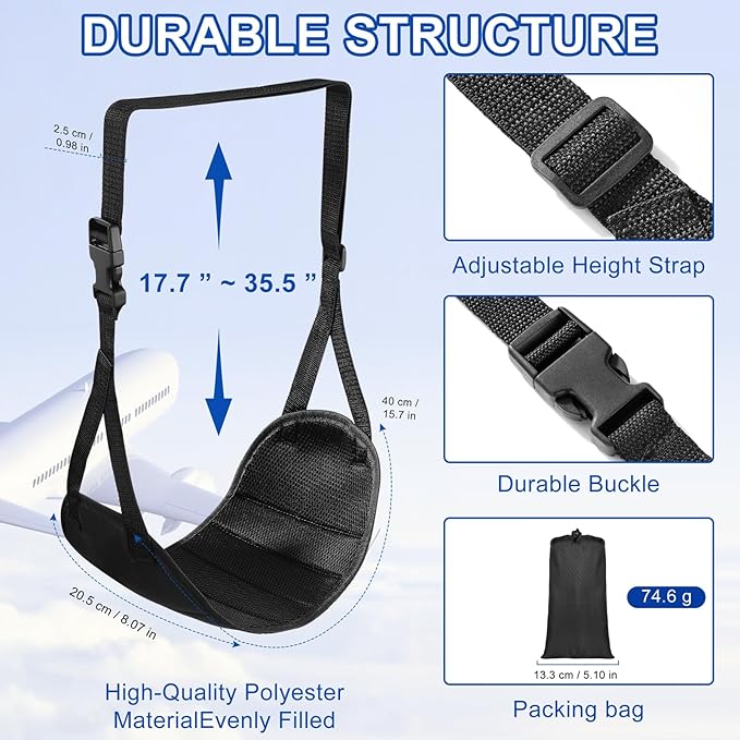 Airplane Footrest Hammock, Foot Hammock for Plane Travel, Portable Height Adjustable Travel Footrest Hammock Accessories, Lightweight Foot Hammock Suitable for Offices, Airplanes 2 pcs