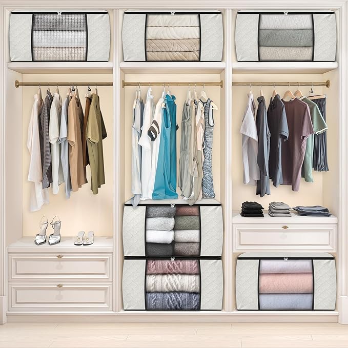 Fab totes 24 Gallons Clothes Storage, Foldable Thick Fabric Blanket Storage Bags, Containers for Organizing Bedroom, Closet, Clothing, Comforter, Organization with Handle (8 Pack,Ivory)