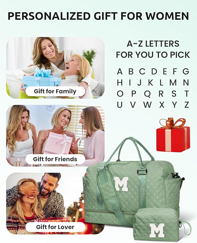 Gifts For Teacher Women-Initial Girl Travel Bag with Shoe Compartment, Personalized Weekender Bag for Her, Monogram Overnight Bag for Women, Letter Travel Bag with Makeup Bag (Letter R)
