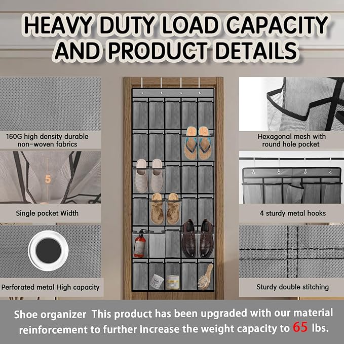 Over the Door Shoe Organizer with 30 Breathable Mesh Pockets - Large Capacity Closet Storage for Men & Women, Hanging Shoe Rack Organizer -Gray