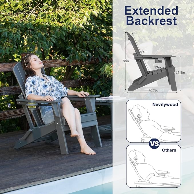 Folding Adirondack Chair - Extended Ergonomic Backrest, Cup Holder - Easy Assembly - Durable HDPE Plastic, Weather Resistant & Maintenance-Free - Lawn, Patio, Deck Supports 380lbs Green