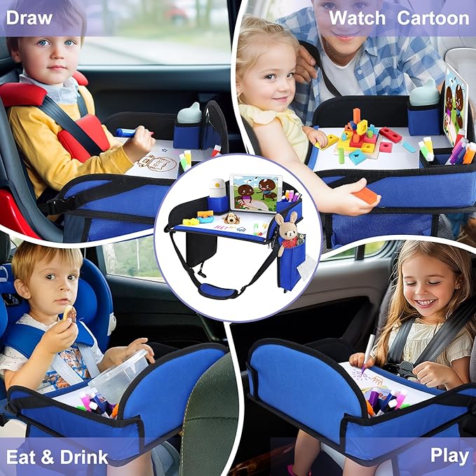 Kids Travel Tray, Kids Travel Trays for Car Seat, Road Trip Essentials for Toddler, Carseat Lap Tray with Dry Erase Board & Storage Organizer for Road Trip Activities for Kid, Blue