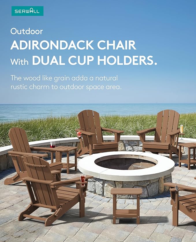 SERWALL Adirondack Chair with Cup Holders - Composite Adirondack Chairs HDPE Outdoor Chairs All Weather Use- Brown