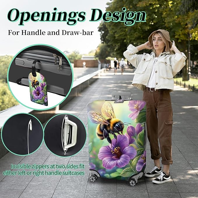 Luggage Cover + Tag, Bee Purple Flowers Travel Suitcase Cover for 18-20 inch Luggage (S) with Concealed Zipper, Washable Elastic Cloth, Dustproof, Anti-Scratch