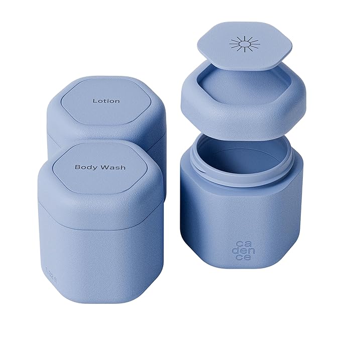 Cadence Travel Containers - Body Care Capsule Set - Magnetic Containers with Lids,Carry On Travel Essentials for Women/Men - 3 Flex Mediums (1.32oz) - Body Wash, Lotion & Sun Icon Labels - Pacific