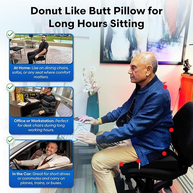 LiquiCell Coccyx Seat Cushion, Aid for Tailbone Pain Relief, Sciatica Pain, Back Support | Donut Like Butt Pillow for Long Hours Sitting at Home/Office Chair (20" W x 18" L x 2.5" H)