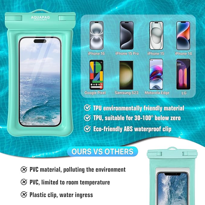 NEPHI IP68 Waterproof Phone Pouch 2 Pack-Up to 8.0"，Adjustable Neck Lanyard Floating Waterproof Phone Case for iPhone,Phone Dry Bags for Vacation Beach Pool Travel Essentials (Aqua Green White 2 pack)