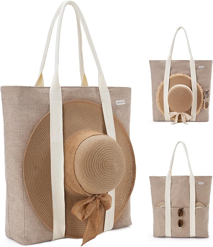 Large Beach Tote Bag with Zipper-Travel Tote Bag for Women with Sun Hat Holder Strap Boho Summer Beach Tote