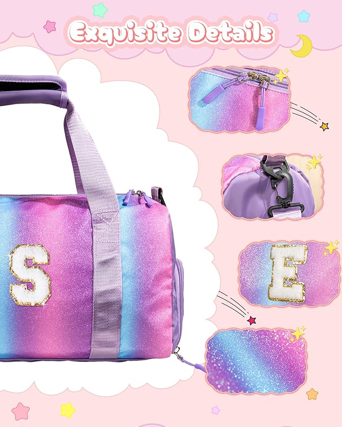 Gifts for 3 4 5 6 7 8 9 10 Year Old Girls-Girl Gym Bag with Shoe Compartment, Kid Personalized Weekender Overnight Bags, Initial Travel Tote with Makeup Pouch, Graduation Gift (Letter M)