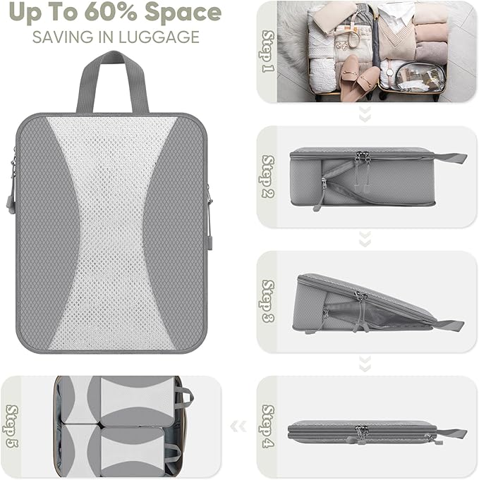 8 Set Compression Packing Cubes for Travel, Packing Cubes Compression Travel Accessories Expandable Packing Organizers for Carry on Luggage Suitcase (Gray)