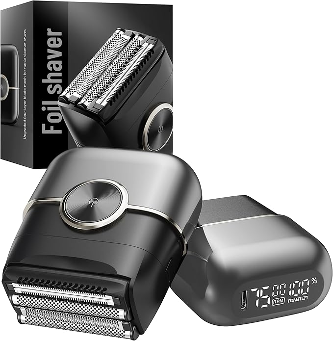 Electric Foil Shaver for Men: 4 Floating Blades, 2 Gear & IPX7 Waterproof - Rechargeable Cordless Razor for Face Shaving - Wet/Dry Travel Shaver with Large LED Display