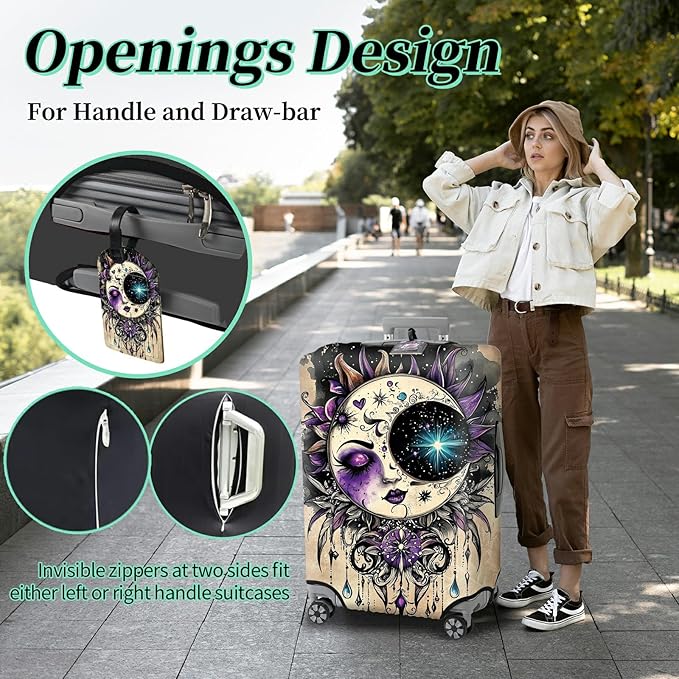 Luggage Cover Suitcase Protector Plus 1 Luggage Tag, Gothic Moon Face Travel Suitcase Cover for 18-20 inch Luggage (S) with Concealed Zipper Washable Elastic Cloth Dustproof Anti-Scratch
