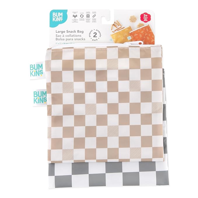 Bumkins Reusable Sandwich and Snack Bags, for Kids School Lunch and for Adults Portion, Washable Fabric, Waterproof Cloth Zip Bag, Travel Pouch, Food-Safe, Large 2-pk Check