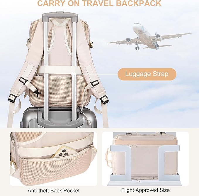 PIJUSHI Travel Backpack for Women Expandable Carry on Luggage Backpack Airline Approved Personal Item Laptop Bag(PE034 Classic Beige)