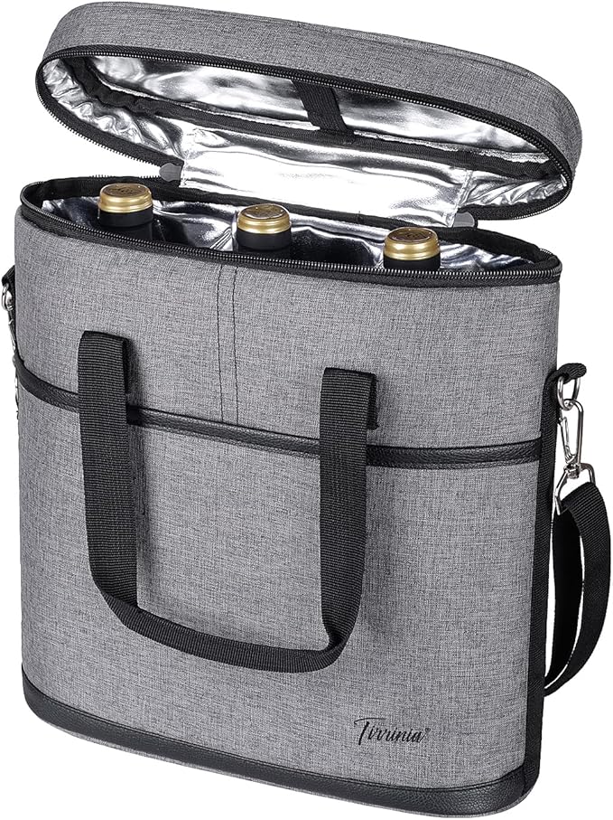 Tirrinia Insulated Wine Gift carrier - 3 Bottle Travel Wine Carry Cooler Tote Bag with Handle and Adjustable Shoulder Strap, Grey