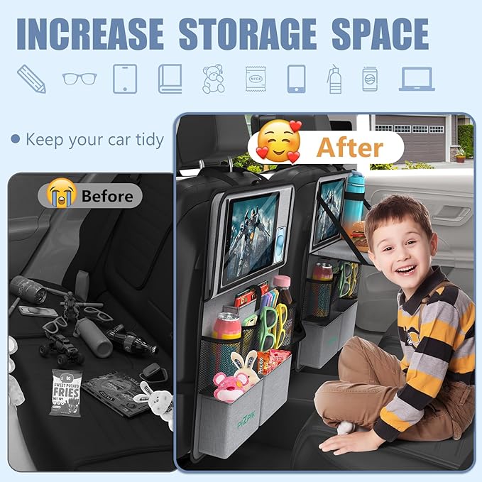 Car Backseat Organizer with Tablet Holder,11 Storage Pockets with Foldable Food Tray, Protector Kick Mats for Kids, Travel Accessories Organizer (Gray, 1Pack)