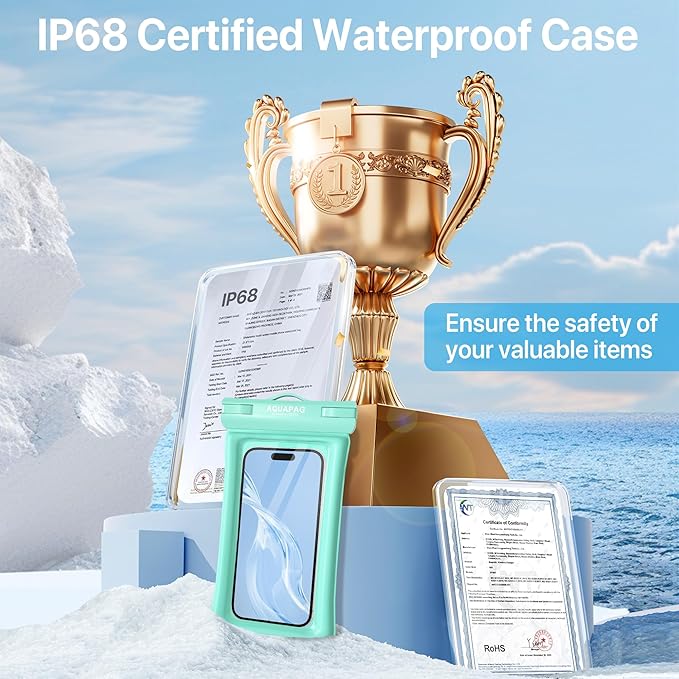 NEPHI IP68 Waterproof Phone Pouch 2 Pack-Up to 8.0"，Adjustable Neck Lanyard Floating Waterproof Phone Case for iPhone,Phone Dry Bags for Vacation Beach Pool Travel Essentials (Aqua Green white 4 pack)