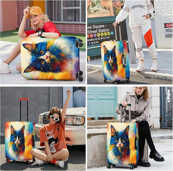 ANNA QUEEN Colorful Cat Luggage Cover, Artistic Blue Cat Design with Rainbow Colors, Stretchable, Washable Travel Sleeve for 20-22 Inch Suitcases