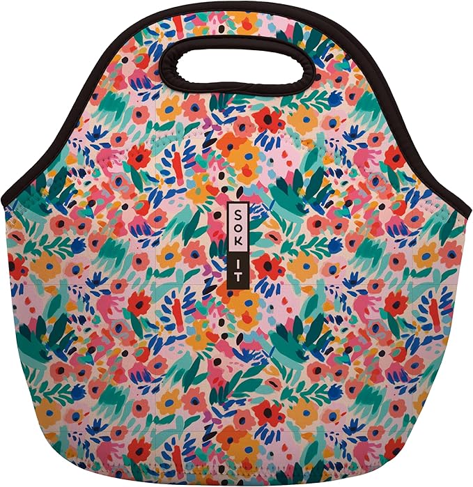 Sok It LunchTote Zippered Bag Insulated Neoprene Caddy (Abstract Floral, Large 4.5 Quart Lunch Tote)