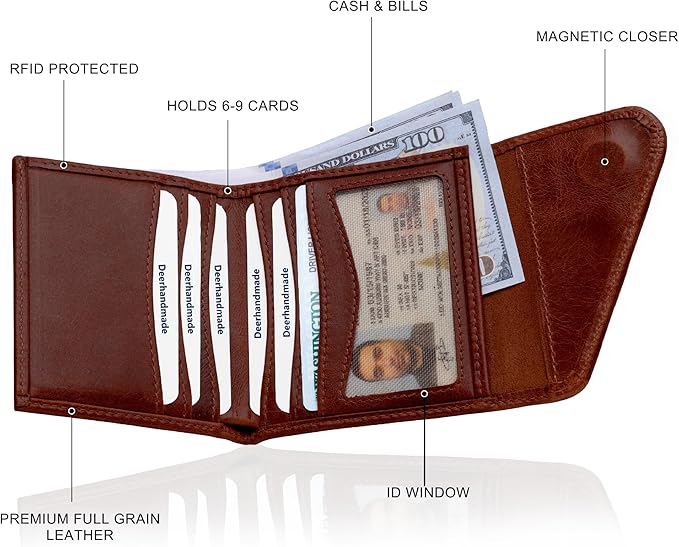 Leather RFID Wallet for Men, Slim Leather Mens Wallet, Handcraft Men's Wallets, Card Cases & Money Organizers, Magnetic Closure Sleek RFID Blocking Thin Mens Wallets with 9-12 Card Slots & Gift Box