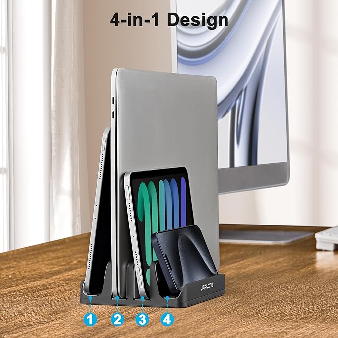 JARLINK 4-in-1 Adjustable Vertical Laptop Stand Holder, Aluminum Dual Slots Laptop Rack for Desk, Space-Saving Organizer Compatible with All MacBook, Surface, Chromebook, and Gaming Laptops (Black)
